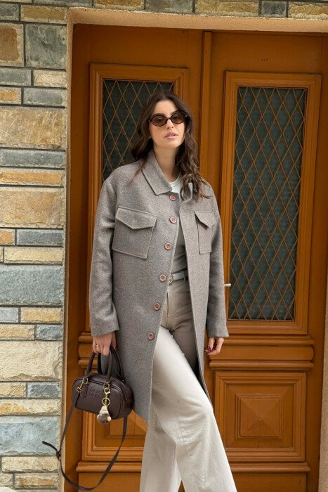 ONE COLOR POCKETS DETAILS WOMEN COAT BROWN/KAFE - 2
