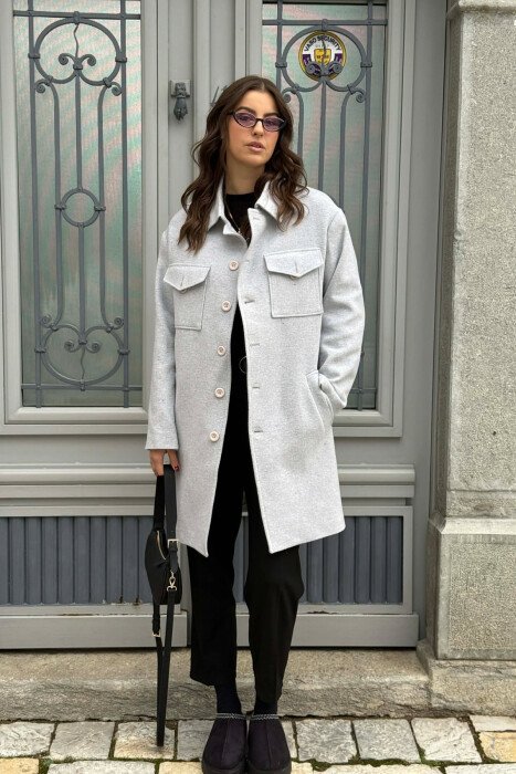 ONE COLOR POCKETS DETAILS WOMEN COAT LIGHT GREY/GZ - 4