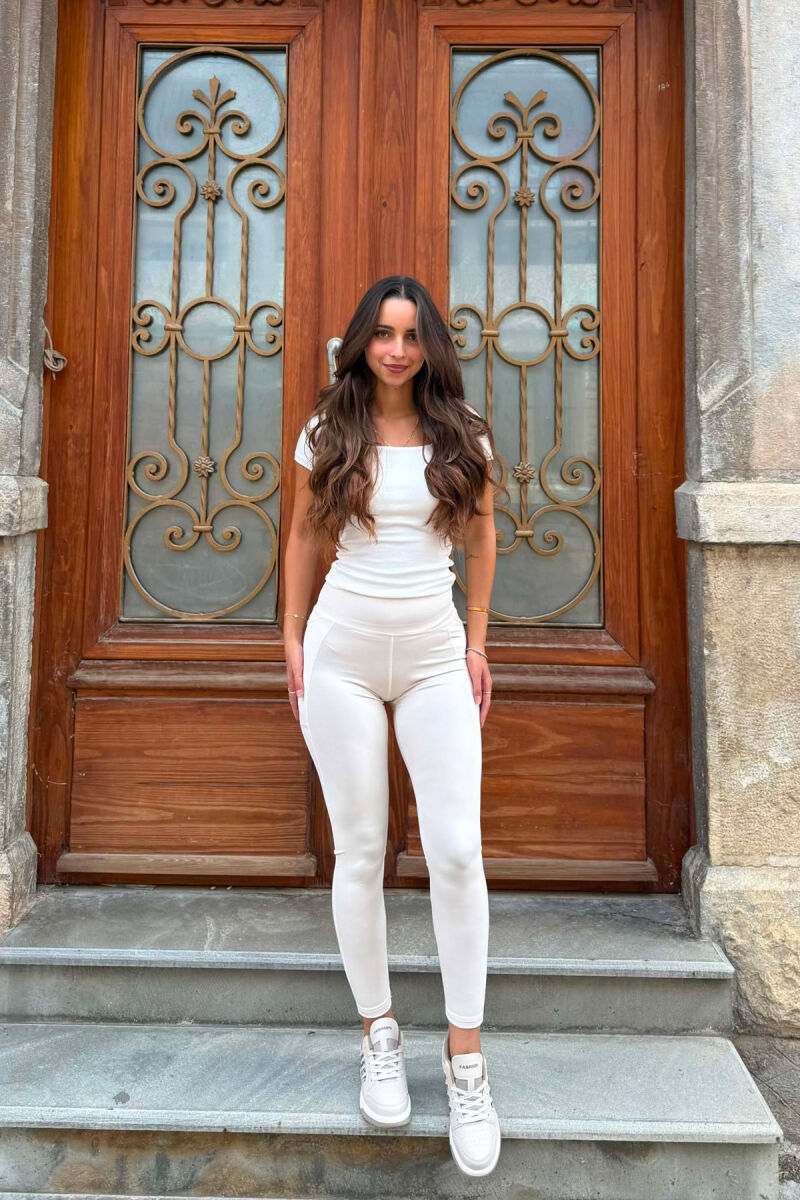 ONE COLOR POCKETS DETAILS WOMEN LEGGINGS CREAM/KREM - 1