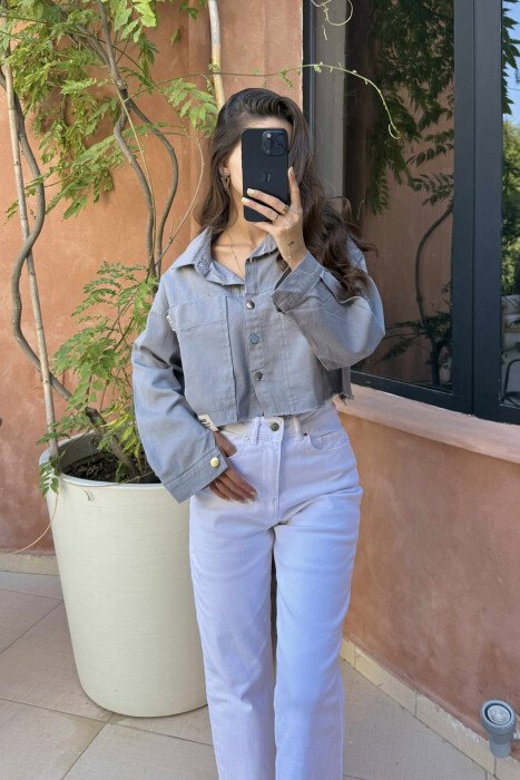 ONE COLOR POCKETS SIMPLE WOMEN SHIRT GREY/GRI - KLAUDIO FASHION