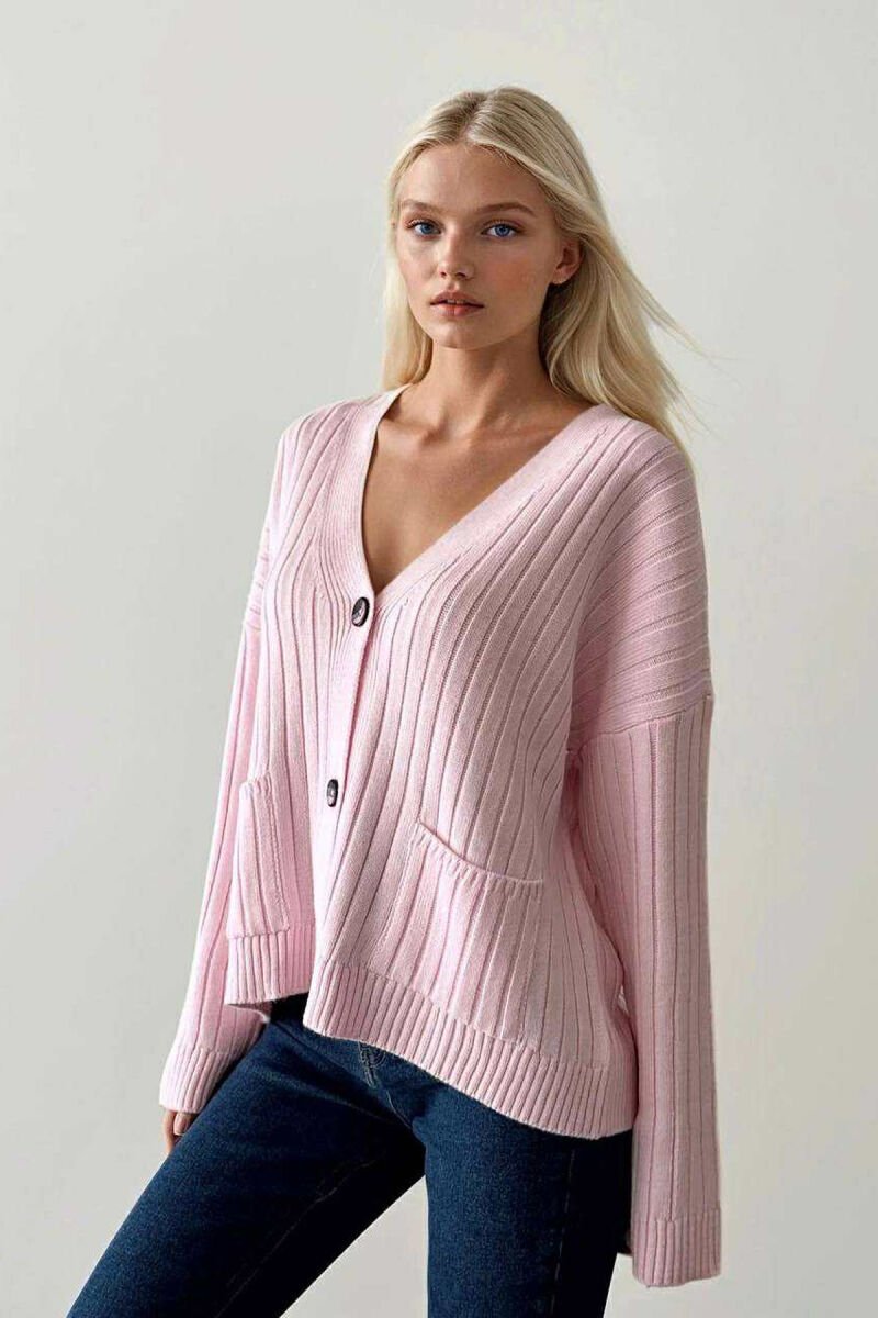 ONE COLOR POCKETS WOMEN CARDIGAN BABY PINK/ROZB - 1