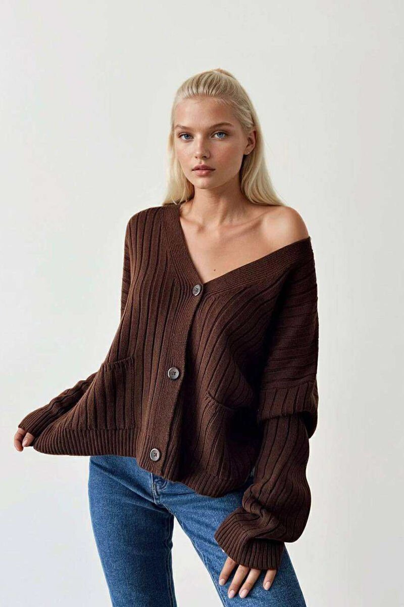 ONE COLOR POCKETS WOMEN CARDIGAN DARK BROWN/KAE - 1