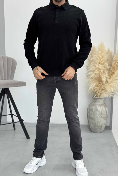 BLUZË NJË NGJYRËSHE ME JAKË POLO DHE BUTONA PËR MESHKUJ NË NGJYRË TË ZEZË - KLAUDIO FASHION