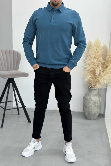 ONE COLOR POLO BUTTONED NECK MEN SWEATSHIRT BLUE STONE/GK 