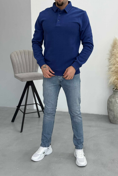 ONE COLOR POLO BUTTONED NECK MEN SWEATSHIRT BLUE/BLU 
