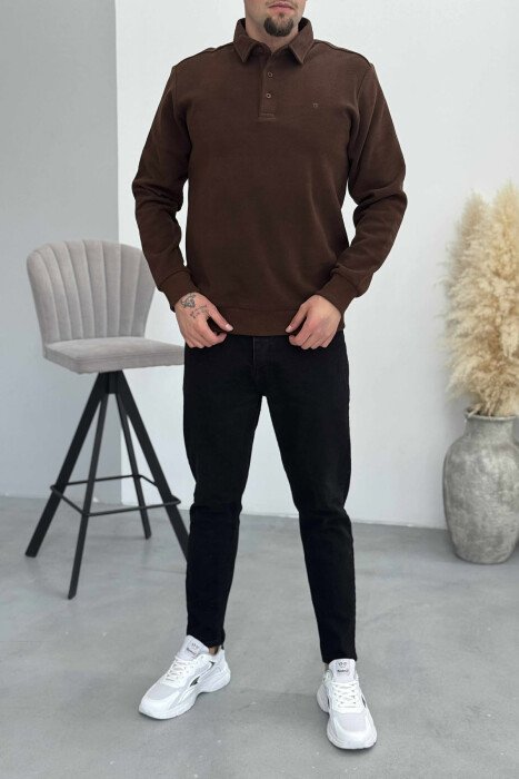 ONE COLOR POLO BUTTONED NECK MEN SWEATSHIRT BROWN/KAFE - 1