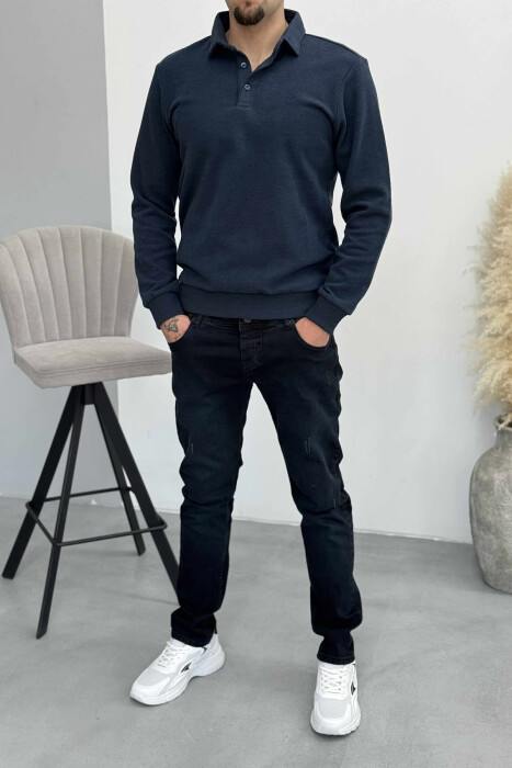 BLUZË NJË NGJYRËSHE ME JAKË POLO DHE BUTONA PËR MESHKUJ NË NGJYRËN BLU LEJLA - KLAUDIO FASHION