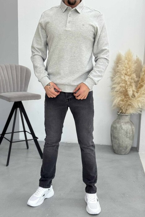ONE COLOR POLO BUTTONED NECK MEN SWEATSHIRT LIGHT GREY/GZ - 1