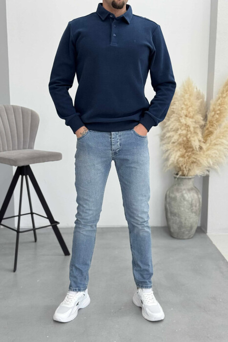 ONE COLOR POLO BUTTONED NECK MEN SWEATSHIRT NAVY BLUE/BLU MARINE 