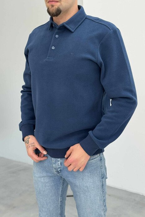 ONE COLOR POLO BUTTONED NECK MEN SWEATSHIRT NAVY BLUE/BLU MARINE - 3