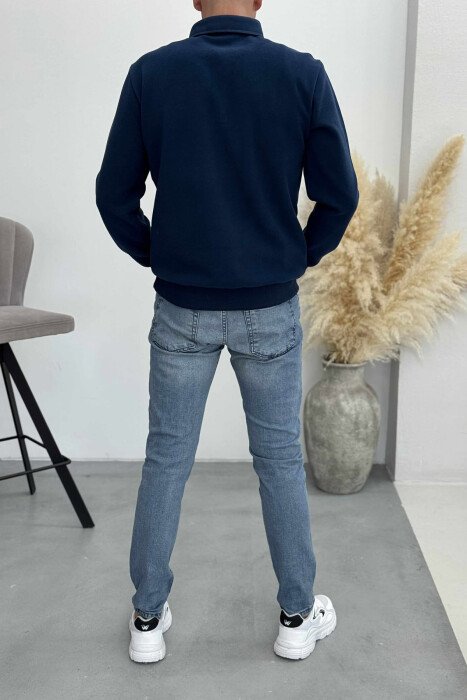 ONE COLOR POLO BUTTONED NECK MEN SWEATSHIRT NAVY BLUE/BLU MARINE - 5