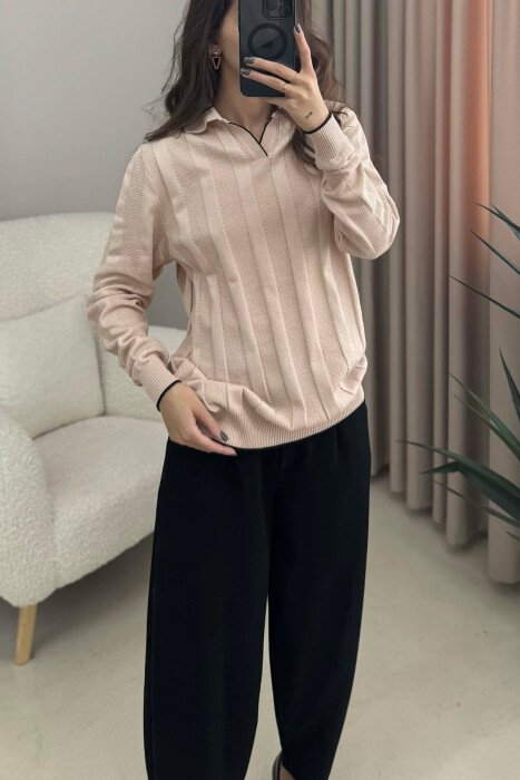ONE COLOR POLO NECK WOMEN SWEATER BEIGE/BEZHE - 2