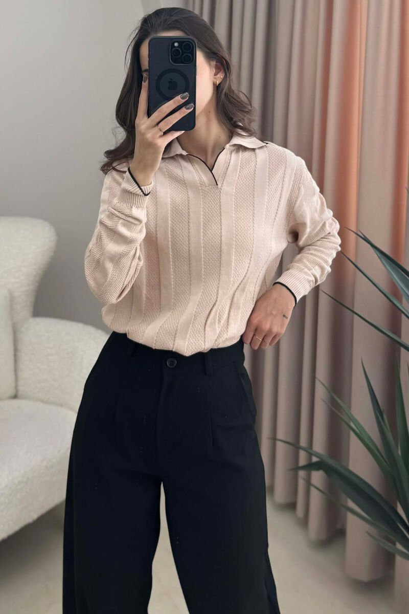 ONE COLOR POLO NECK WOMEN SWEATER BEIGE/BEZHE - 6