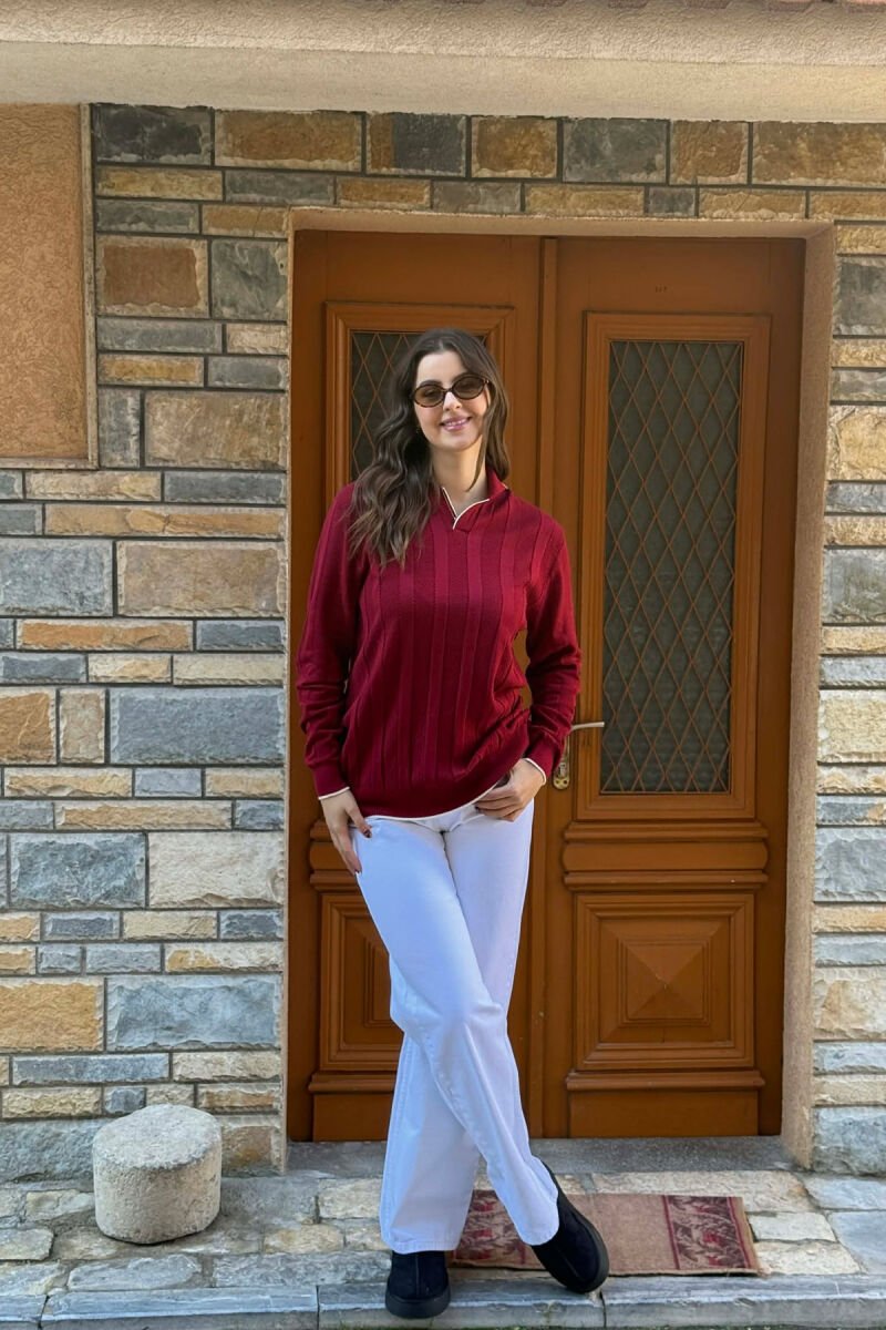ONE COLOR POLO NECK WOMEN SWEATER BURGUNDY/VISHNJE - 1