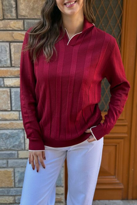 ONE COLOR POLO NECK WOMEN SWEATER BURGUNDY/VISHNJE - 4