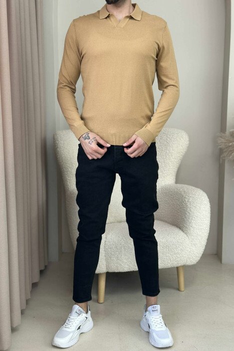 ONE COLOR POLO NECK MEN SWEATER LIGHT BROWN/KAZB - 1
