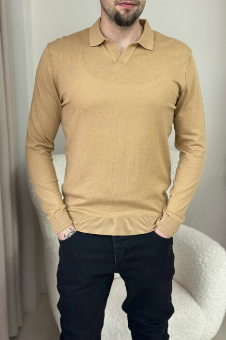 ONE COLOR POLO NECK MEN SWEATER LIGHT BROWN/KAZB - 2