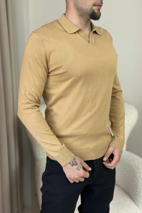 ONE COLOR POLO NECK MEN SWEATER LIGHT BROWN/KAZB - 3