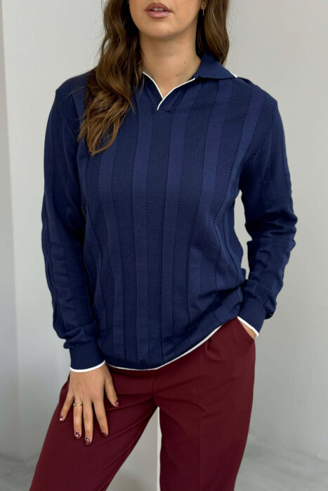 ONE COLOR POLO NECK WOMEN SWEATER NAVY BLUE/BLU MARINE - 3
