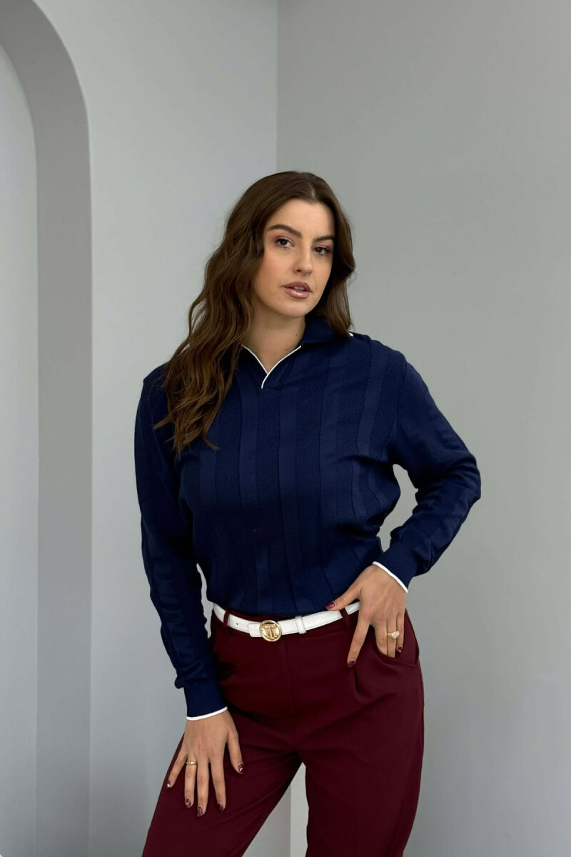 ONE COLOR POLO NECK WOMEN SWEATER NAVY BLUE/BLU MARINE - 5