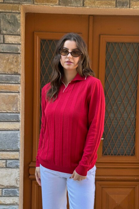 ONE COLOR POLO NECK WOMEN SWEATER RED/E KUQE - 2