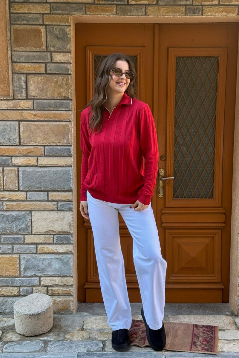 ONE COLOR POLO NECK WOMEN SWEATER RED/E KUQE - 5
