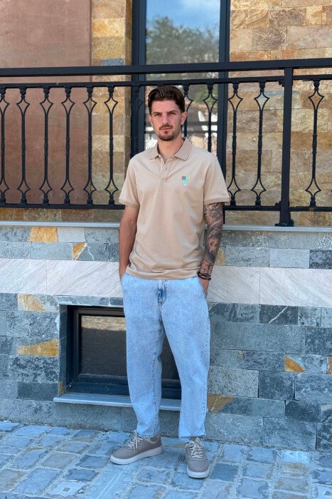 ONE COLOR POLO NECK MEN T-SHIRT BEIGE/BEZHE - 4