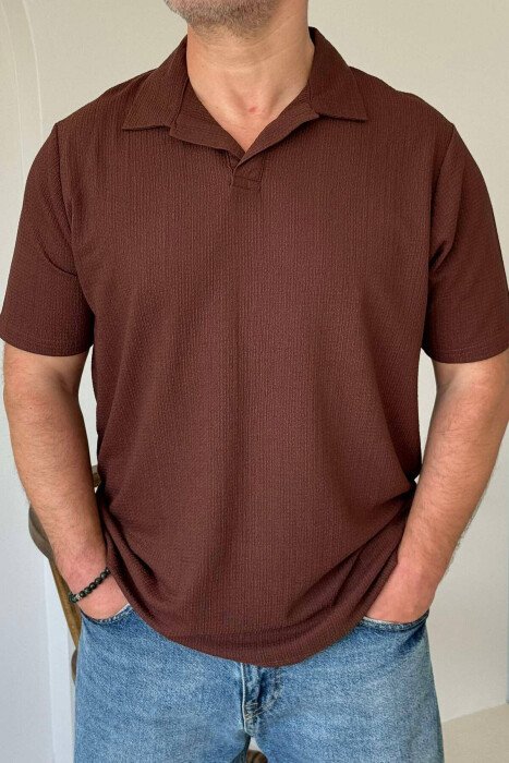 ONE COLOR POLO NECK MEN T-SHIRT BROWN/KAFE - KLAUDIO FASHION