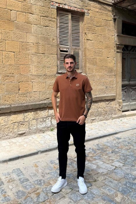 ONE COLOR POLO NECK MEN T-SHIRT BROWN/KAFE - 4