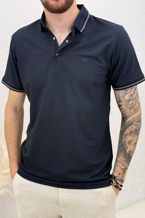 ONE COLOR POLO NECK MEN T-SHIRT DARK BLUE/BEE - 2