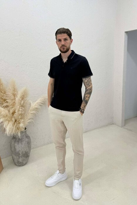 ONE COLOR POLO NECK MEN T-SHIRT DARK BLUE/BEE - 3
