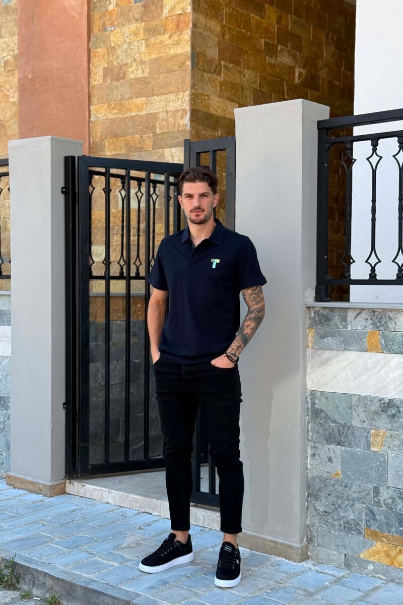 ONE COLOR POLO NECK MEN T-SHIRT DARK BLUE/BEE - 4