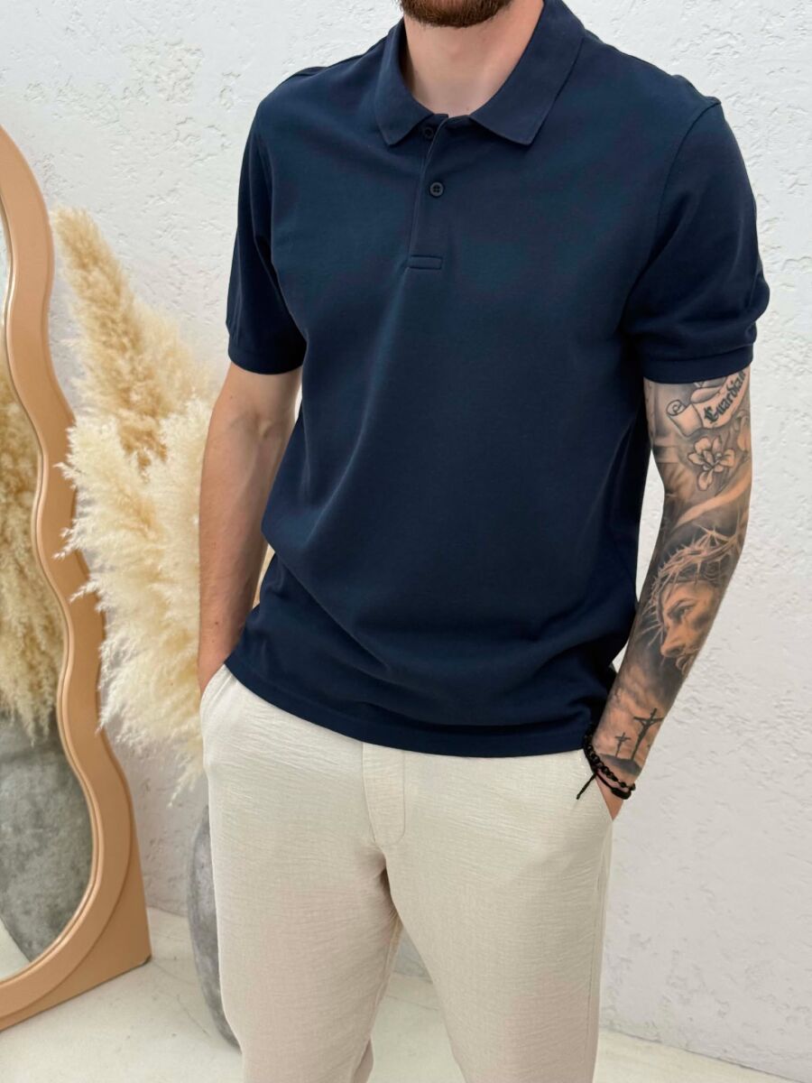 ONE COLOR POLO NECK MEN T-SHIRT DARK BLUE/BEE - 2