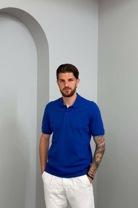 ONE COLOR POLO NECK MEN T-SHIRT ELECTRIC BLUE/BLEL - KLAUDIO FASHION
