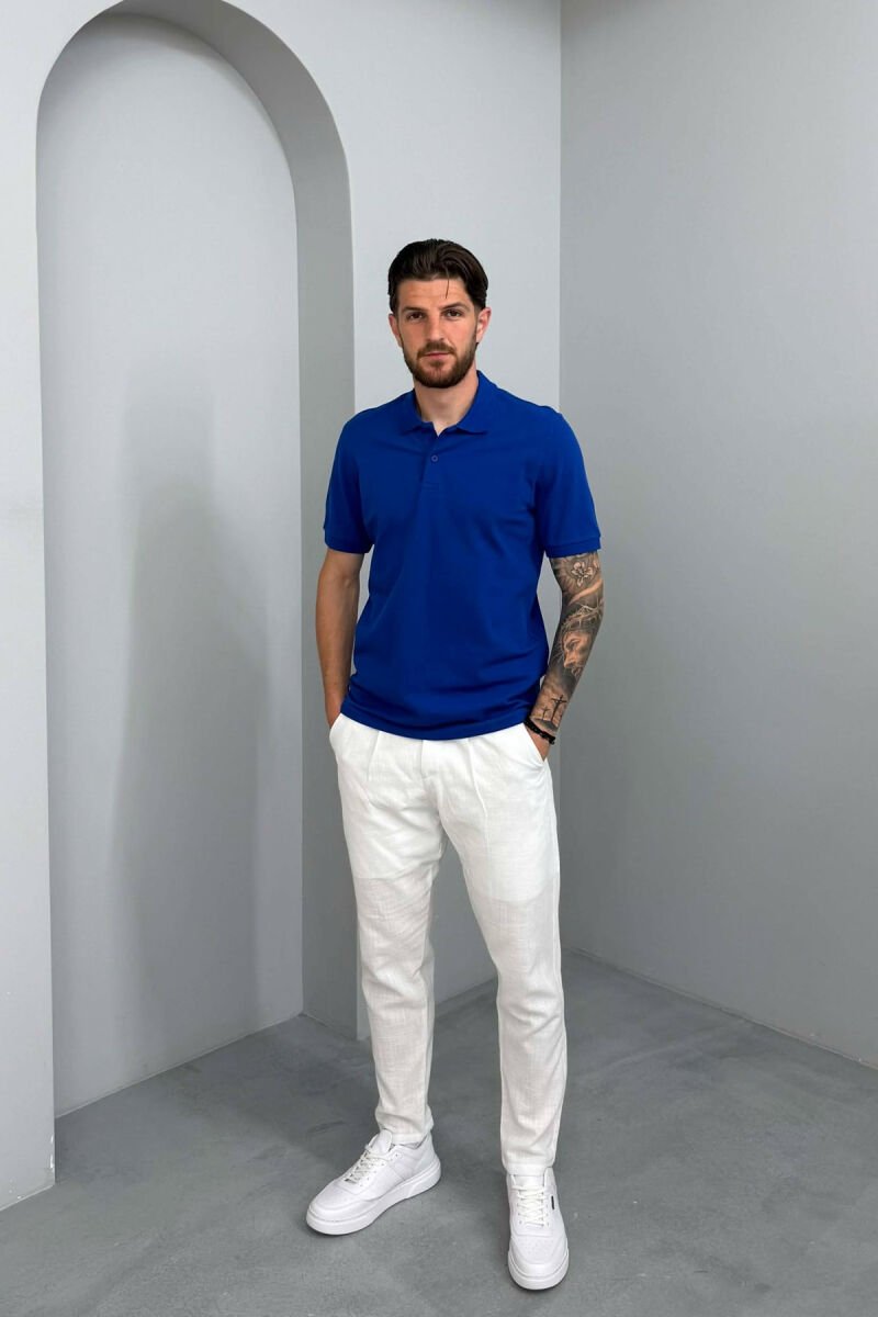 ONE COLOR POLO NECK MEN T-SHIRT ELECTRIC BLUE/BLEL - 3