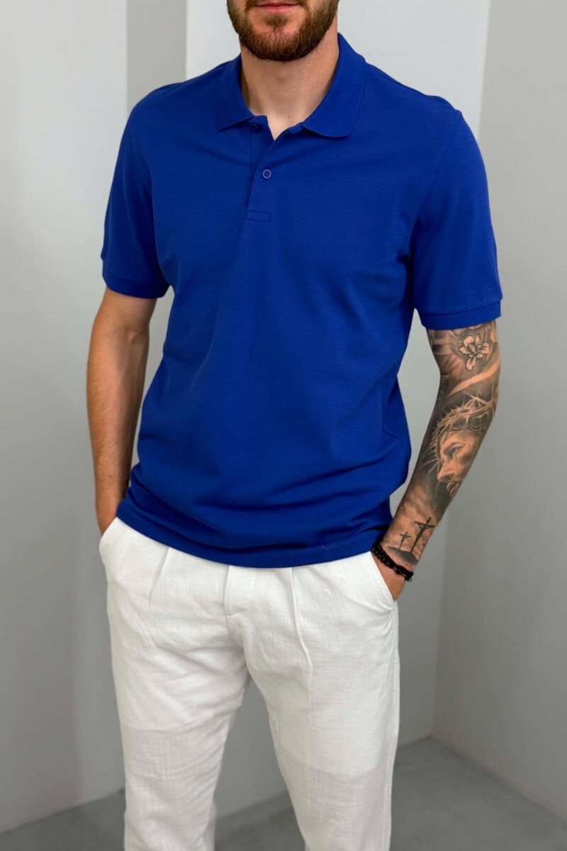 ONE COLOR POLO NECK MEN T-SHIRT ELECTRIC BLUE/BLEL - 4