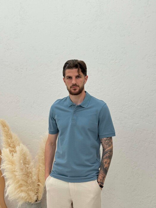 ONE COLOR POLO NECK MEN T-SHIRT GREY/GRI - KLAUDIO FASHION