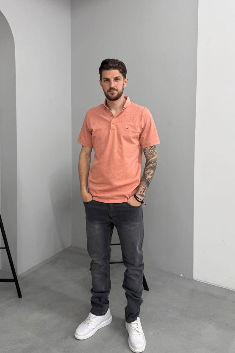 ONE COLOR POLO NECK MEN T-SHIRT SALMON/SALMON - 4