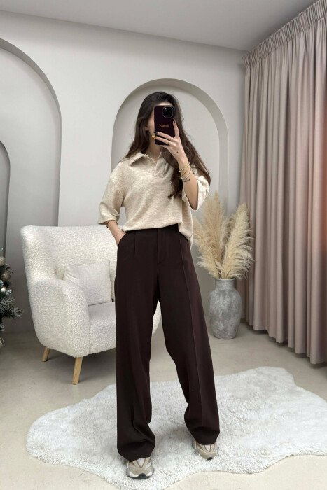 ONE COLOR POLO NECK SHORT SLEEVE WOMEN SWEATER BEIGE/BEZHE - 3