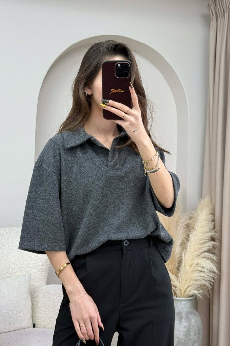 ONE COLOR POLO NECK SHORT SLEEVE WOMEN SWEATER DARK GREY/GEE - 4