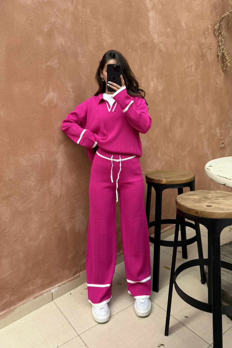 ONE COLOR POLO NECK SWEATER+TROUSERS KNIT WOMEN SET FUCHSIA/CIKLAMI - 1