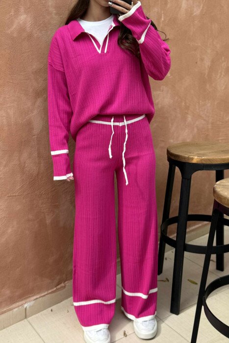 ONE COLOR POLO NECK SWEATER+TROUSERS KNIT WOMEN SET FUCHSIA/CIKLAMI - 3