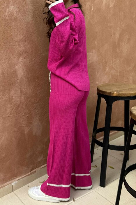 ONE COLOR POLO NECK SWEATER+TROUSERS KNIT WOMEN SET FUCHSIA/CIKLAMI - 4
