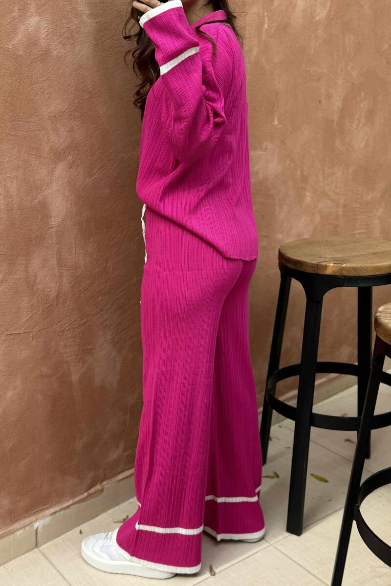 ONE COLOR POLO NECK SWEATER+TROUSERS KNIT WOMEN SET FUCHSIA/CIKLAMI - 4