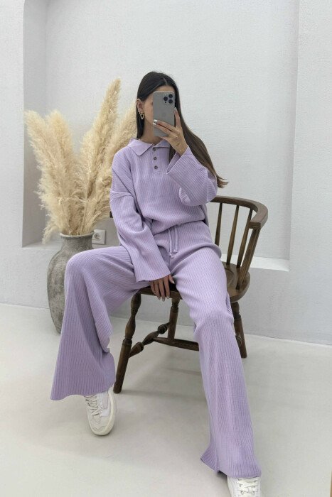 ONE COLOR POLO NECK SWEATER+TROUSERS KNIT WOMEN SET PURPLE/LEJLA - 