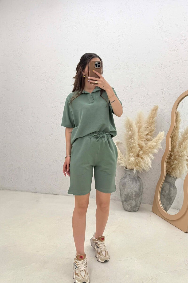 ONE COLOR POLO NECK T-SHIRT + SHORTS WOMAN SET GREEN/JESHILE - 1