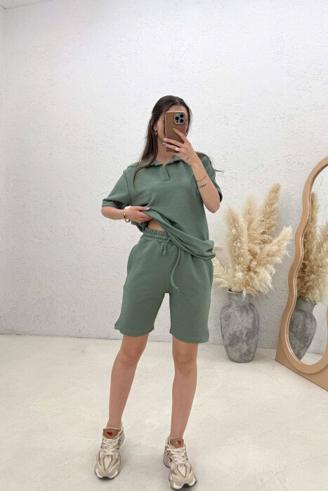 ONE COLOR POLO NECK T-SHIRT + SHORTS WOMAN SET GREEN/JESHILE - 2