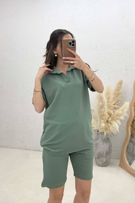 ONE COLOR POLO NECK T-SHIRT + SHORTS WOMAN SET GREEN/JESHILE - 4