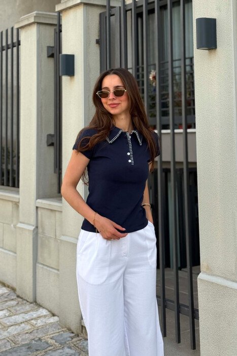 ONE COLOR POLO NECK WOMAN T-SHIRT BLUE/BLU - KLAUDIO FASHION