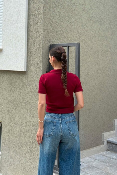 ONE COLOR POLO NECK WOMAN T-SHIRT BURGUNDY/VISHNJE - 3